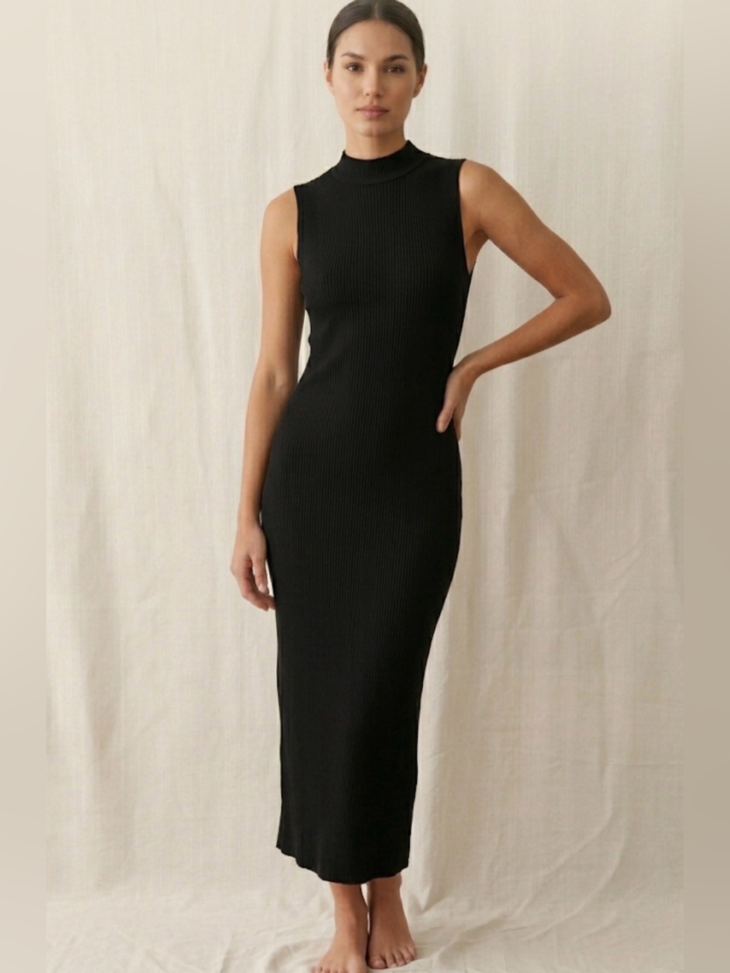 Leith Women’s Size M Black Ribbed Mock Neck Sleeveless Midi Dress (E76)